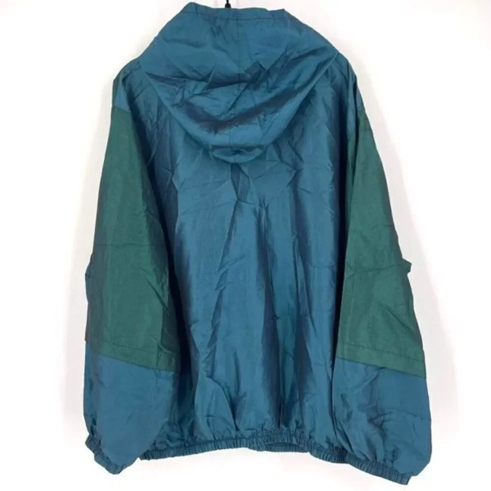 Vintage 80s Mens Colorblock Oversized Hooded Windbreaker Jacket Blue Green Large